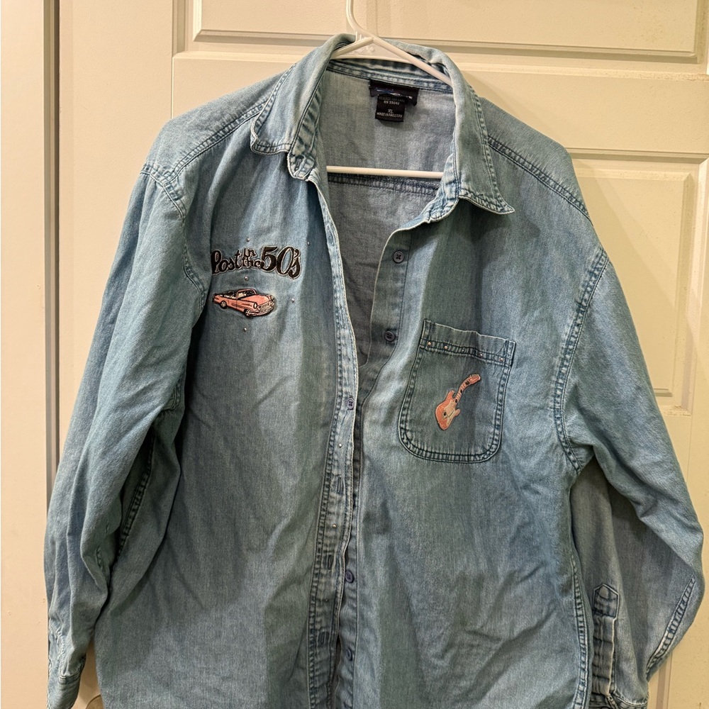 Vintage Denim Shirt with 1950s Embroidered Patches Size XL‎